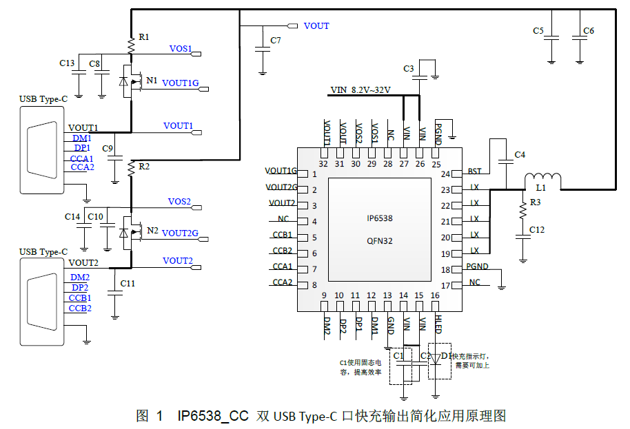 IP6538_CC 双USB Type-C 口快充输出简化应用原理图